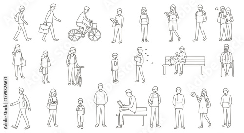 minimalist line art people engaging in daily life activities illustrating urban community social interaction and diverse public scenes.