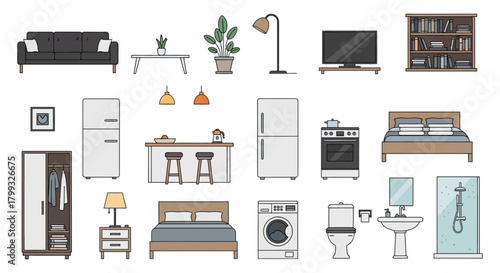 minimalist vector icons household furniture and appliances for modern interior design and architectural layouts.