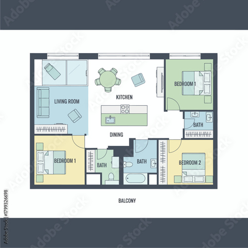 modern 3b3b apartment floor plan living room kitchen dining balcony real estate architectural design.