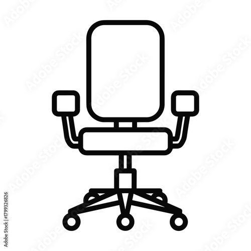 Simple line art icon of an ergonomic office chair with wheels and armrests isolated on white background