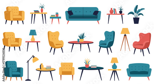 furniture arrangement living room interior with modern sofa and armchairs plants table lamps offering comfort for interior design projects.