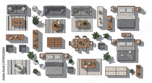 furniture arrangement plan view interior design top-down collection for modern household planning showcasing household arrangement and furniture selection