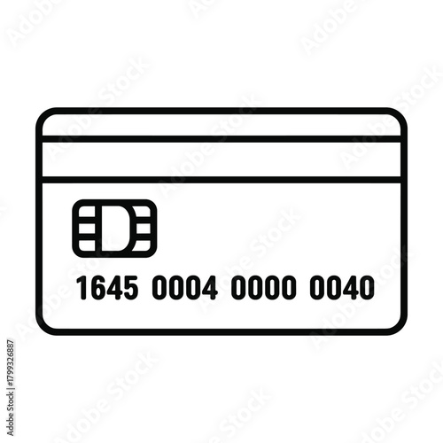 Clean line art icon of a modern credit card with chip and number on a white background