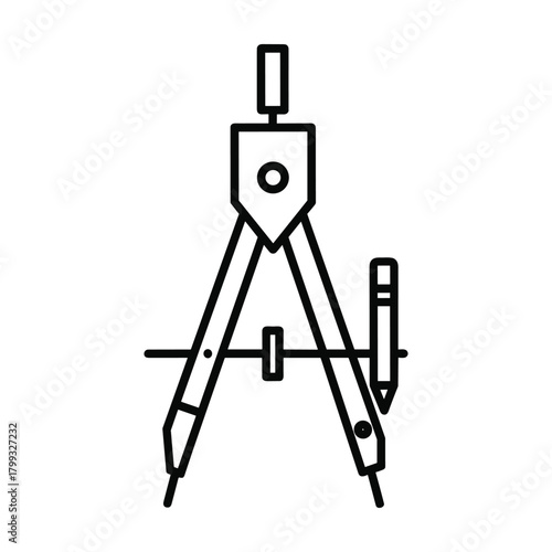 Simple line drawing of a drafting compass with a pencil attached for geometric construction and technical drawing