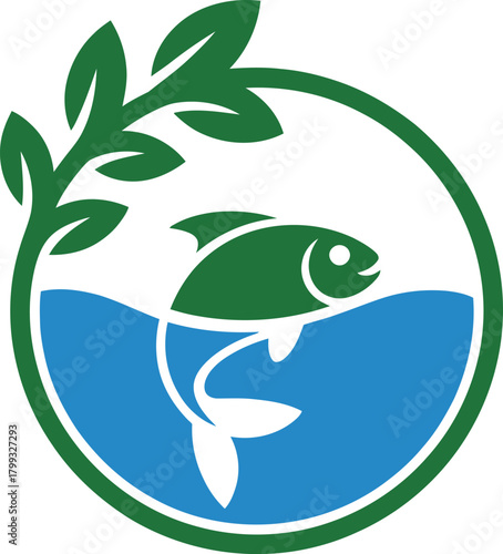 Aquaculture fish and plant icon in circle representing nature