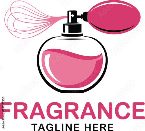 Classic perfume bottle and atomizer logo design with pink liquid