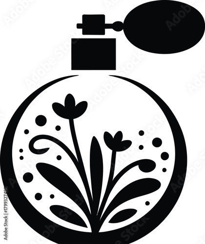 Black vector icon of perfume bottle with elegant floral design