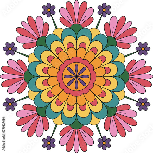 Vibrant floral mandala design with retro psychedelic blooming pattern.
