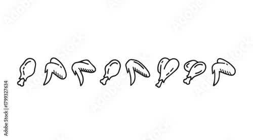 Collection of hand drawn chicken wing silhouettes in a row