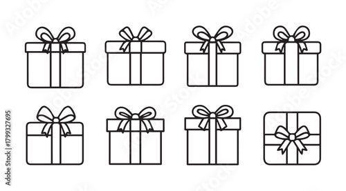 Collection of eight simple gift boxes with bows in a clean silhouette style