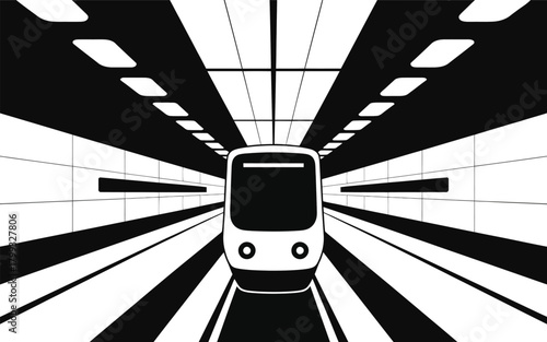 Subway train approaching underground tunnel, strong linear design