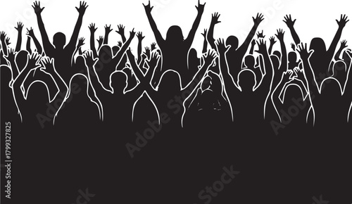 Vector illustration of grass and flowers with dancing people silhouettes in a concert crowd
