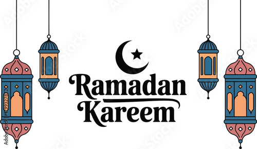 Ramadan kareem greeting with traditional lanterns, crescent and star