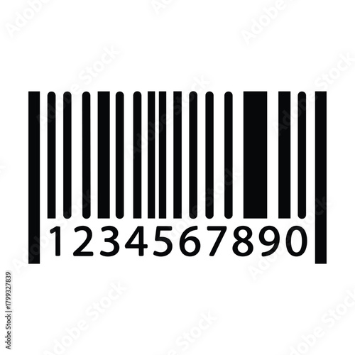 Close up of a black and white barcode with numbers 1234567890 for retail product identification and scanning
