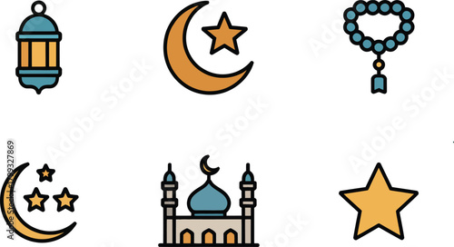 Islamic celebration icons: lantern, mosque, crescent moon, prayer beads