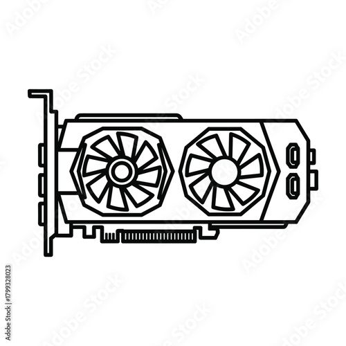 Clean line art illustration of a modern computer graphics card with dual fans and heat sink components