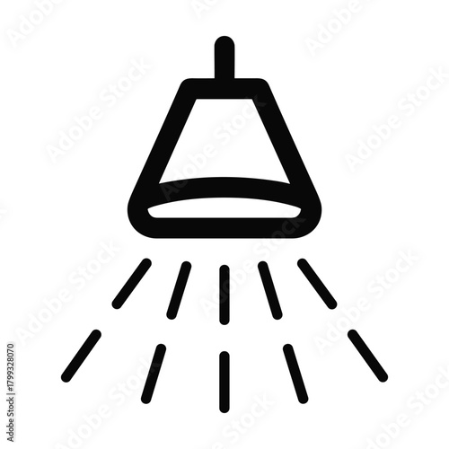 Simple black and white line art icon representing a shower head spraying water droplets in a clean modern design