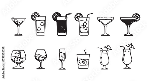 Collection of colorful cocktail glasses and drinks silhouette