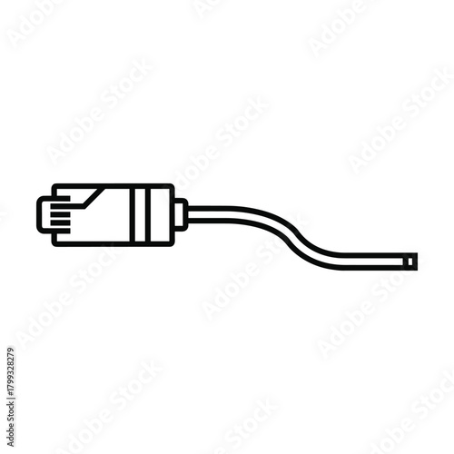 Simple line art icon of an ethernet network cable connector with a curved wire extending to the right