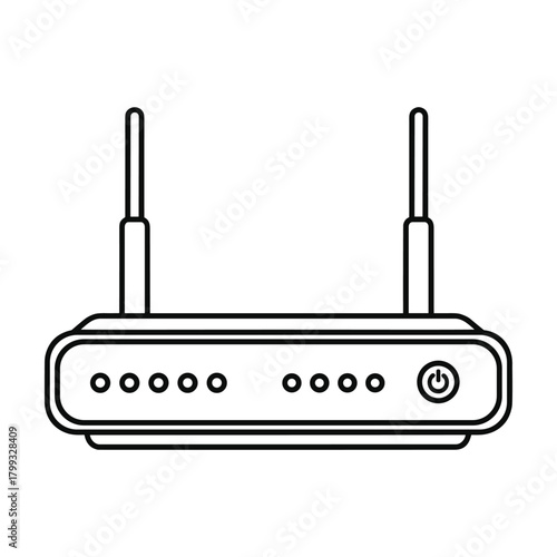 Clean outline illustration of a modern wireless router with two antennas and indicator lights on a white background