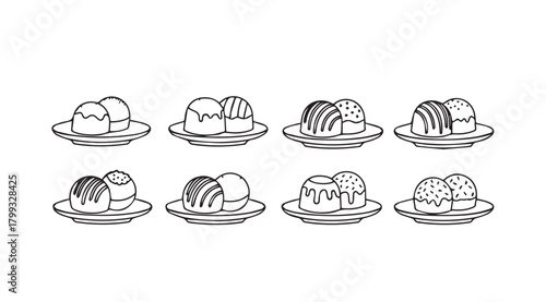 Collection of eight sweet desserts with swirls and drizzles silhouette