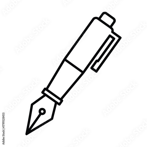 Simple outline drawing of a classic fountain pen with a nib and clip on a white background