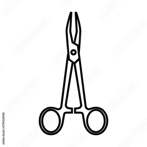 Simple line art illustration of surgical forceps with serrated jaws and ring handles isolated on white background