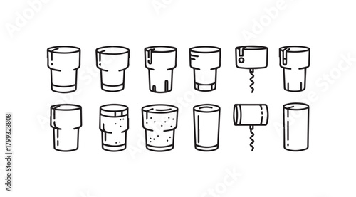 Collection of hand drawn silhouette style beverage cups and glasses silhouette