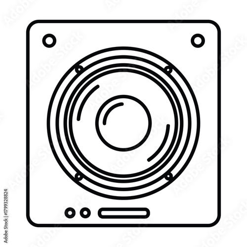 Minimalist outline drawing of a square audio speaker with a circular cone and mounting holes