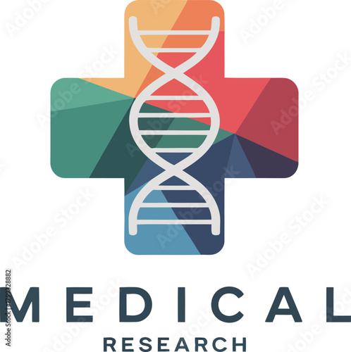 Medical research logo with dna helix in colorful cross symbol