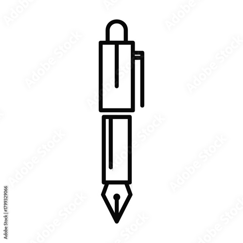 Simple line art icon of a classic fountain pen with a nib and clip on a white background