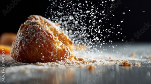 Croissant with powdered sugar bursting midair in dark setting on reflective surface