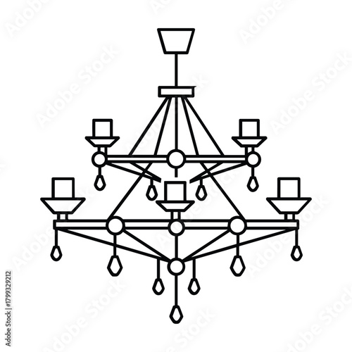 Elegant black and white line drawing of a classic multi tiered chandelier with candle shaped lights and crystal drops