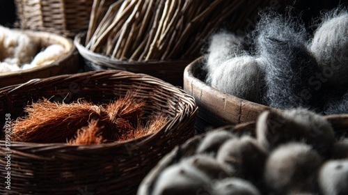 Textile baskets with natural fibers and wool yarns in rustic warm color setup close-up