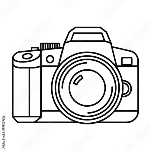 Simple outline drawing of a professional dslr camera with a large lens perfect for photography concepts