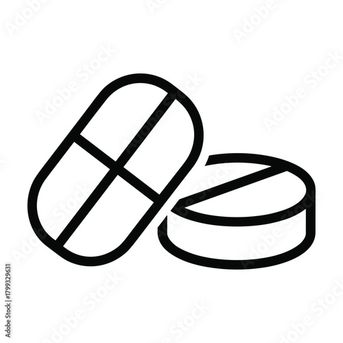 Simple black line art icon representing two pharmaceutical pills one oval shaped and one round with dividing lines
