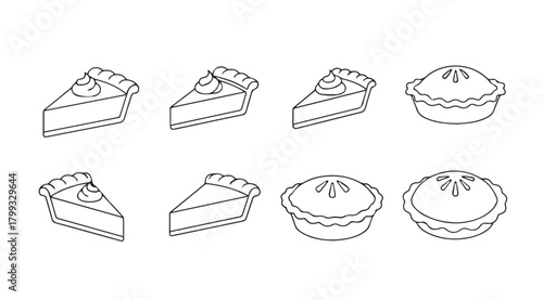 Collection of hand drawn pie slices and whole pies in a simple silhouette style