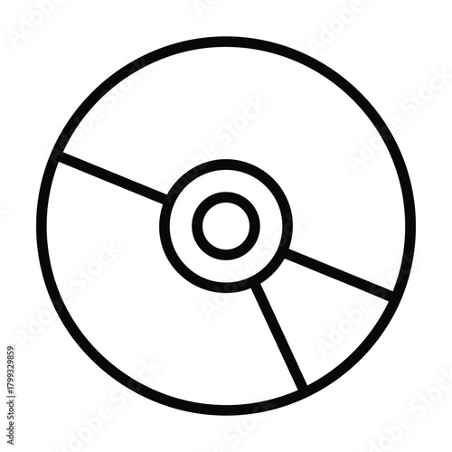Simple hand drawn outline of a compact disc with a central hole and radial lines on a white background