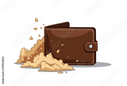 Illustration of a Brown Leather Wallet Disintegrating into Pile of Dust Symbolizing Fiscal Decline or Economic Crisis on a Clean White Background