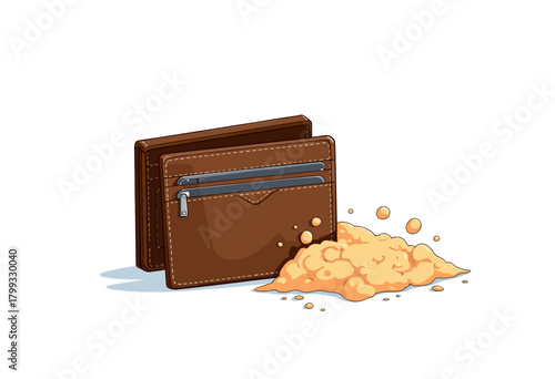 Illustration of a Brown Leather Wallet with Credit Cards and Spilled Powder on White Background