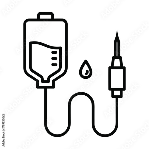 Simple black and white line art illustration of an intravenous drip bag with tubing and a drop of liquid