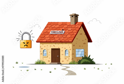 Illustration of a Foreclosed House with Padlock Symbolizing Financial Repossession and Real Estate Property Loss Due to Unpaid Mortgage