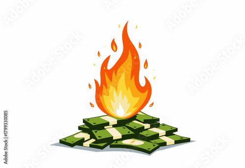 Illustration of Burning Money Symbolizing Financial Loss or Economic Crisis with Flames on Stacks of Currency in a Metaphor for Economic Instability