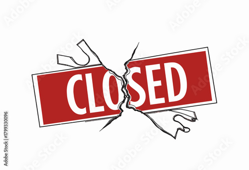 Illustration of a red 'Closed' sign broken in half symbolizing disruption, interruption, or the end of an operation or service amidst a white background