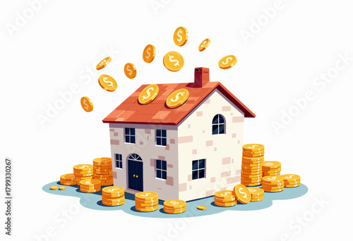 Illustration of a house with money coins symbolizing investment, real estate growth, and financial prosperity concepts in a colorful and imaginative design