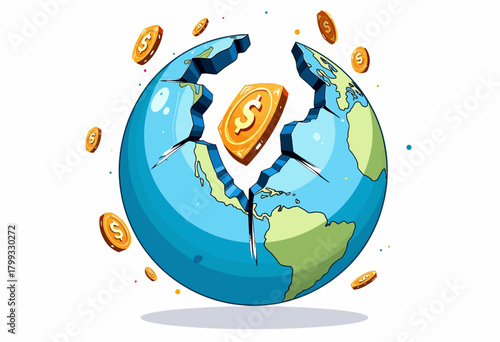 Abstract Representation of Global Financial Influence with Coins Breaking Through a Split Earth, Highlighting Economic Impact and Currency Dynamics
