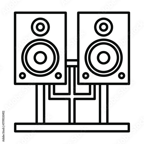 Clean outline illustration of two stereo speakers on stands connected by wires representing sound and audio equipment