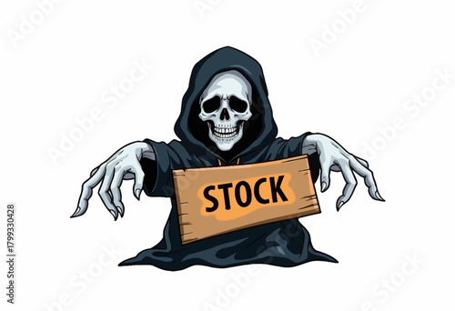 Sinister Hooded Skeleton Holding Sign with Outstretched Hands and Gnarled Fingers in Eerie Illustration Against White Background