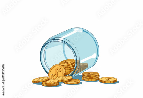 Illustration of Gold Coins Spilling Out of a Transparent Glass Jar Representing Savings, Wealth Accumulation, Financial Growth or Investment Concept