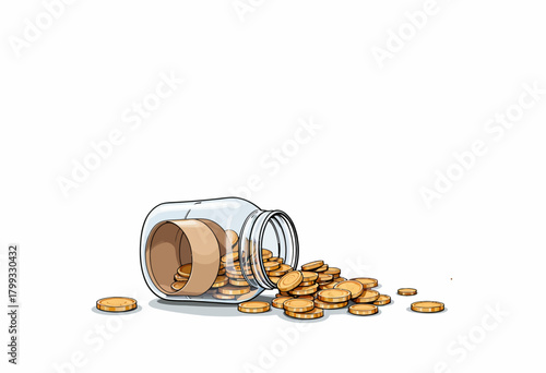 Illustration of a Tipped Glass Jar with Gold Coins Spilling Out on a White Background Symbolizing Savings and Financial Growth
